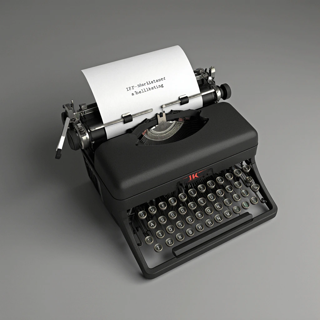 A 3D model of a typewriter on a minimalistic gray background symbolizes SEO copywriting.