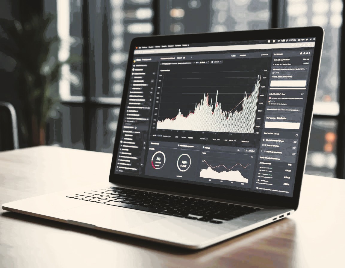 An analytical platform is open on the laptop screen, demonstrating the growth of SEO indicators after the agency's work.