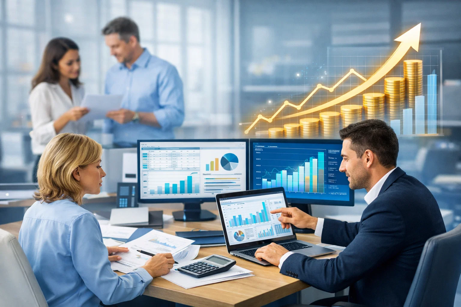 Accounting SEO performance analysis team reviewing financial dashboards and growth metrics.