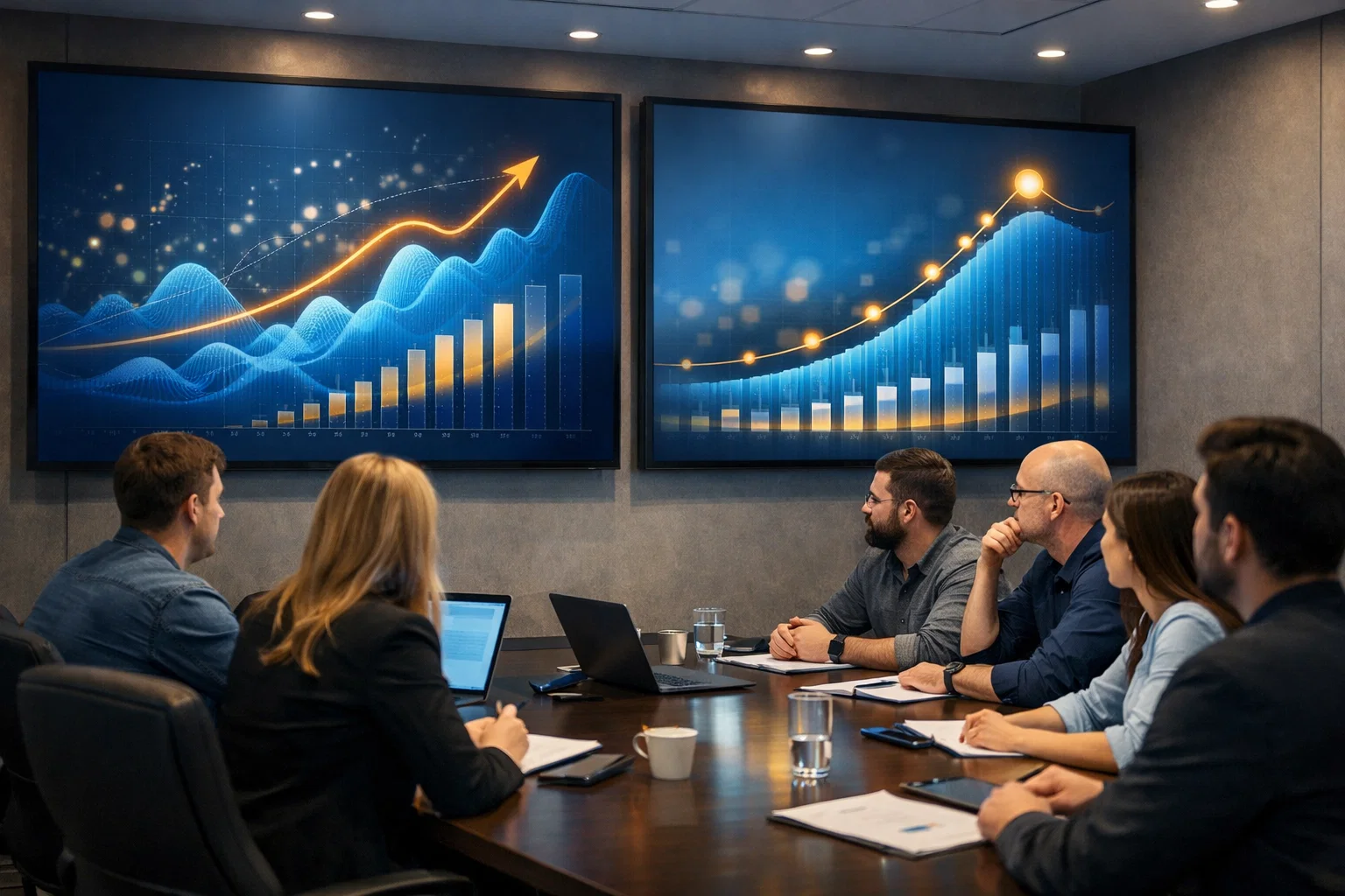 SEO growth strategy meeting with a team analyzing performance charts and organic traffic trends.