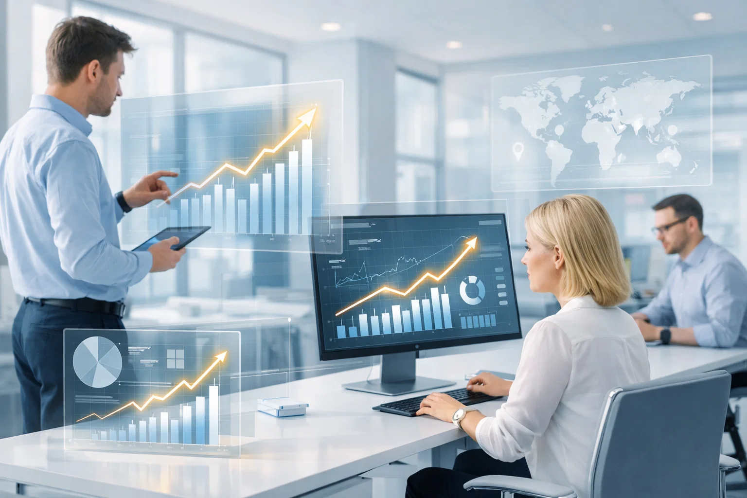 Business professionals analyzing growth charts and data visualizations in an office.
