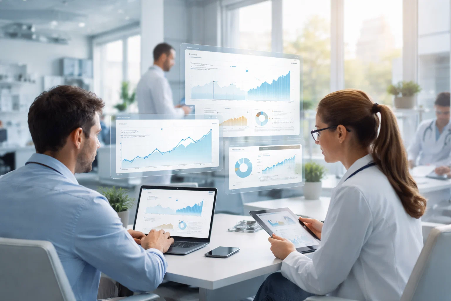 Healthcare SEO authority analytics review with medical team analyzing growth charts.