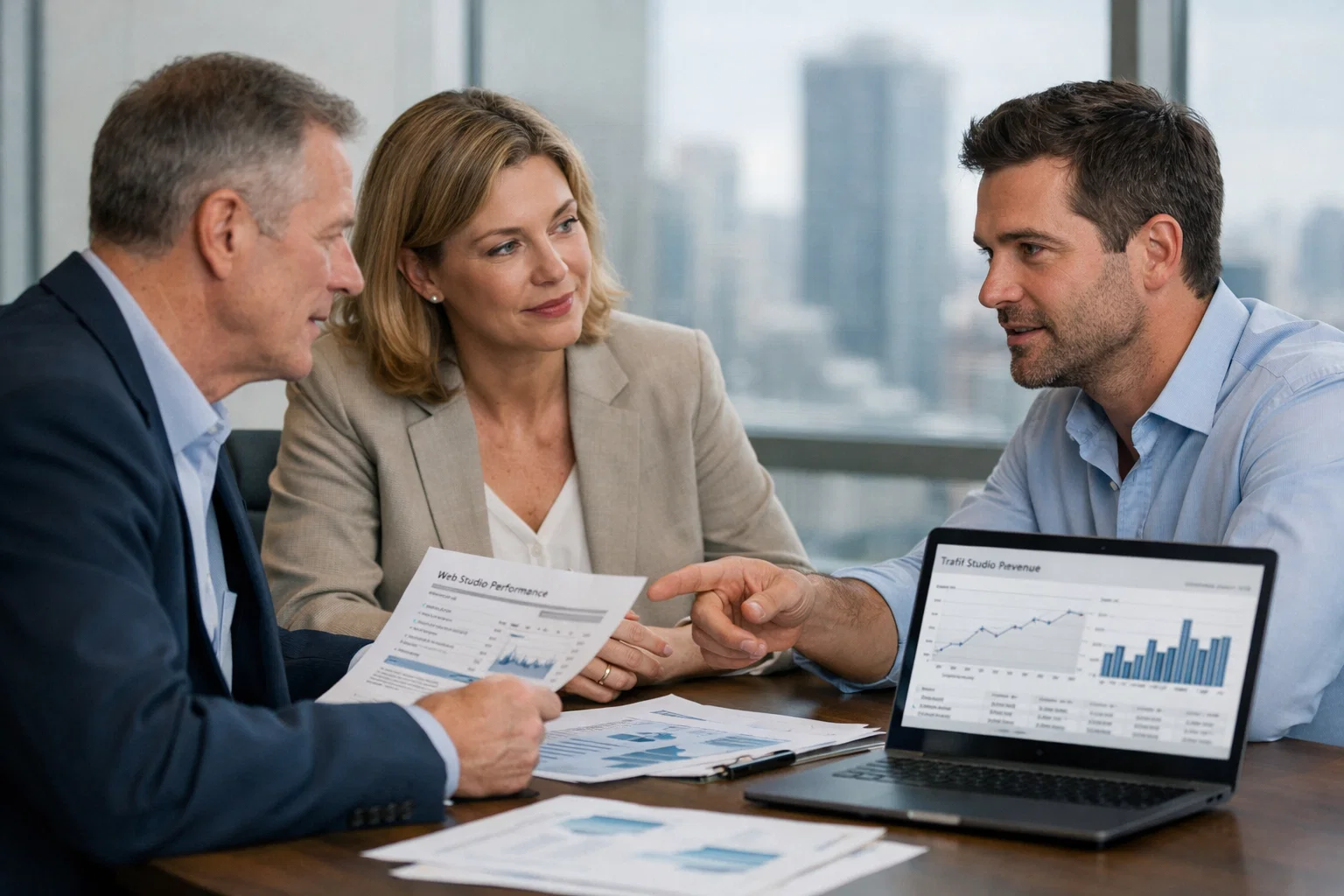 Web studio promotion performance review during a business meeting with revenue charts.